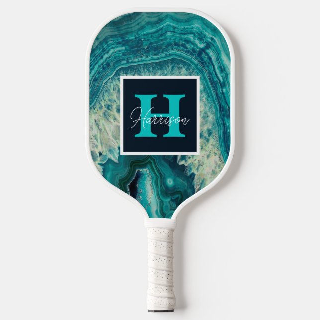 Blue Agate Geode Monogram & Name Personalised  Pickleball Paddle (Front)