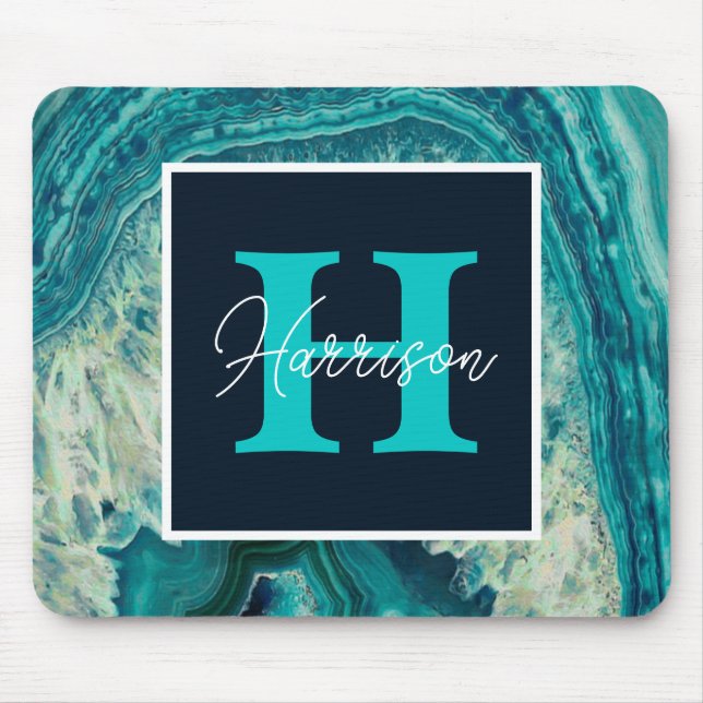 Blue Agate Geode Monogram Simple Modern  Mouse Mat (Front)