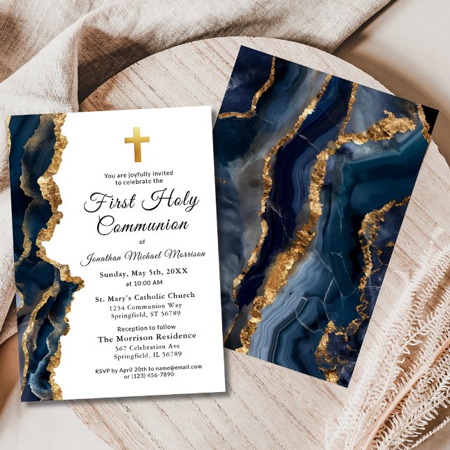 Blue Agate Gold First Holy Communion Boy's Invitation (Creator Uploaded)