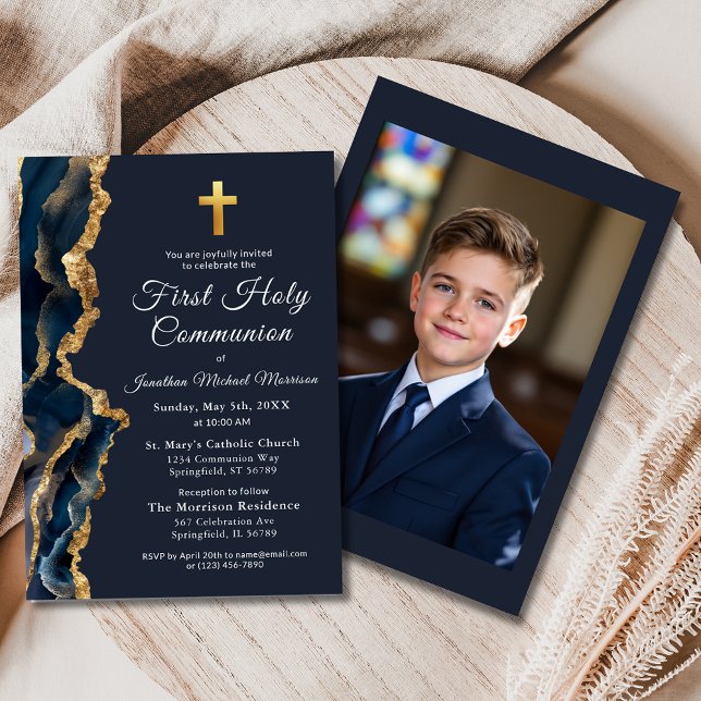 Blue Agate Gold First Holy Communion Photo Invitation (Creator Uploaded)