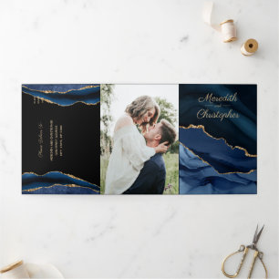 Blue Agate Gold Glitter 3 in 1 Photo Wedding Tri-Fold Invitation