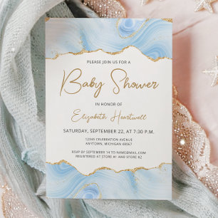 Blue Agate Gold Glitter Boy Baby Shower Invitation