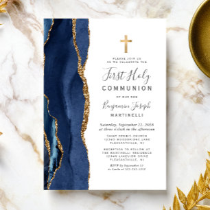 Blue Agate Gold Glitter First Holy Communion Invitation