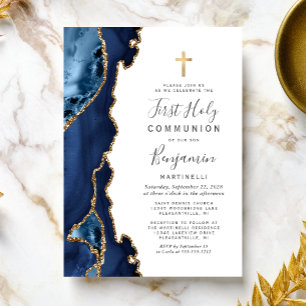 Blue Agate Gold Glitter First Holy Communion Invitation