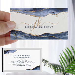 Blue Agate Gold Glitter Monogram Script Business Card