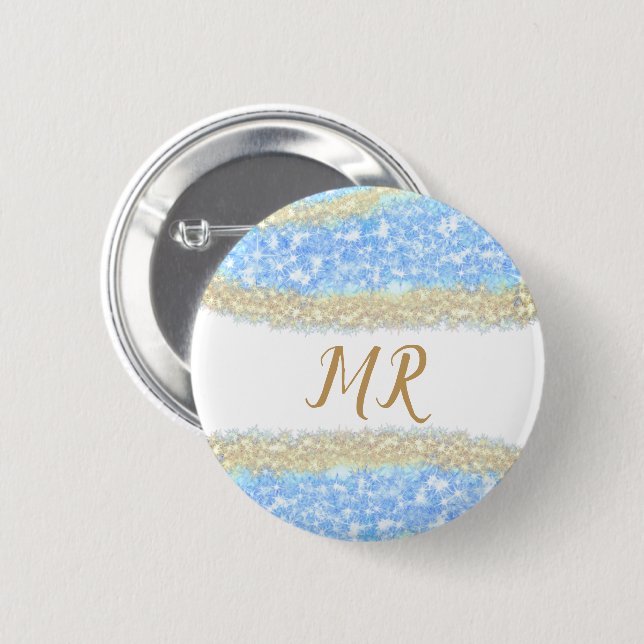 blue agate gold glitter sparkle monogram name text 6 cm round badge (Front & Back)