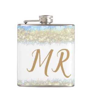 blue agate gold glitter sparkle monogram name text hip flask