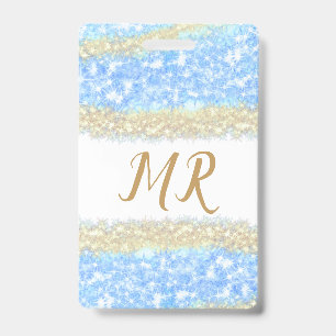 blue agate gold glitter sparkle monogram name text ID badge
