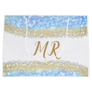 blue agate gold glitter sparkle monogram name text large gift bag