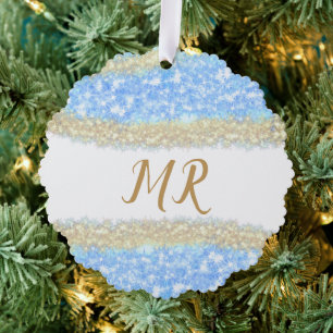 blue agate gold glitter sparkle monogram name text tree decoration card