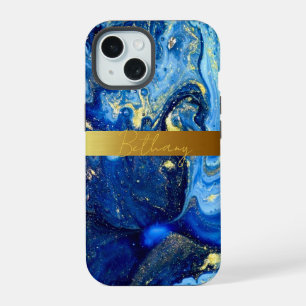 Blue Agate Mable Stone & Gold Add Your Name Custom iPhone 15 Case