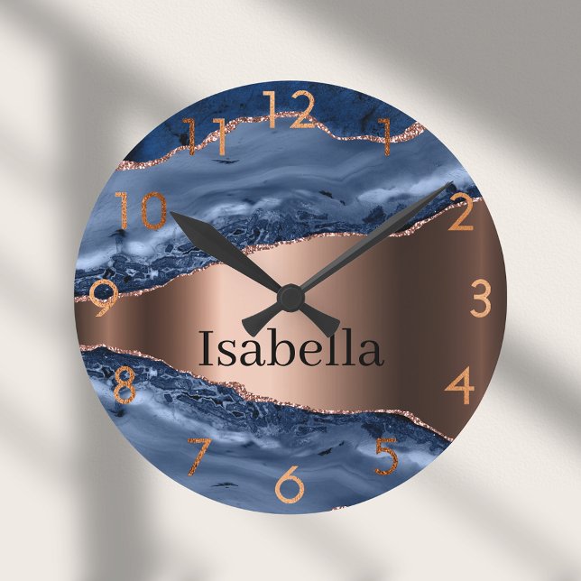 Blue agate marble bronze round clock (Creator Uploaded)