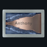 Blue agate marble copper name belt buckle<br><div class="desc">A dark blue and ropper agate,  marble stone print as background. Personalise and add your name.</div>