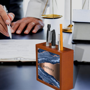 Blue agate marble copper name desk organiser