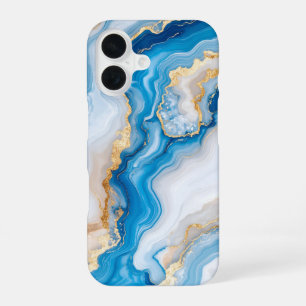 Blue Agate Marble Gold Accent iPhone 16 Case