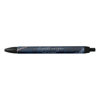 Blue Agate Marble Gold Glitter Signature Script Black Ink Pen
