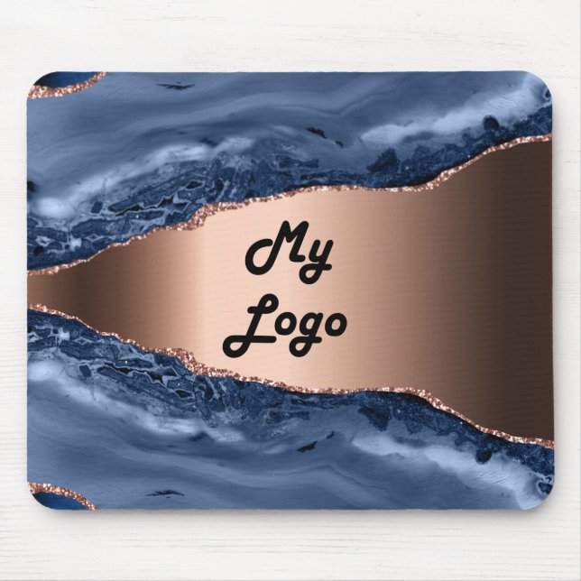 Blue agate marble rose gold business logo mouse mat (Front)