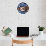 Blue agate marble rose gold business logo round clock<br><div class="desc">A dark blue and rose gold agate,  marble stone print as background Personalise and add your business logo.  Golden numers.</div>