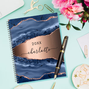Blue agate marble rose gold name script 2022 planner