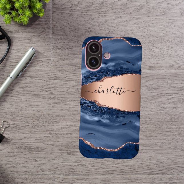 Blue agate marble rose gold name script Case-Mate iPhone case (Creator Uploaded)