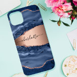 Blue agate marble rose gold name script iPhone 15 case<br><div class="desc">A dark blue and rose gold agate,  marble stone print as background Personalise and add your name. The name is written with a modern hand lettered style script.</div>