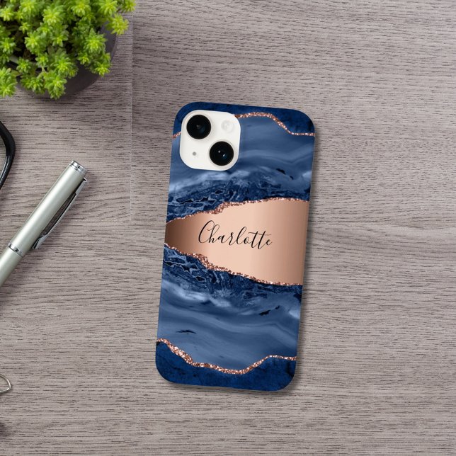 Blue agate marble rose gold name script Case-Mate iPhone case (Creator Uploaded)