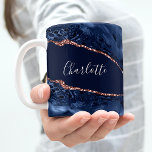 Blue agate marble rose gold name script coffee mug<br><div class="desc">Navy blue and rose gold agate,  marble stone as background. Personalise and add your name,   white letters. The name is written with a modern hand lettered style script.</div>