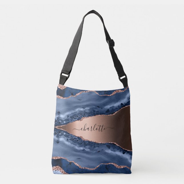 Blue agate marble rose gold name script crossbody bag (Front)