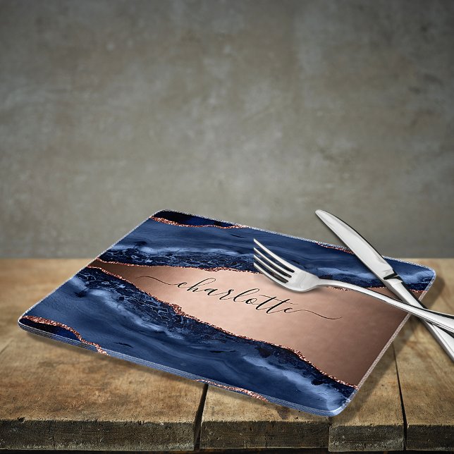 Blue agate marble rose gold name script  cutting board (Creator Uploaded)