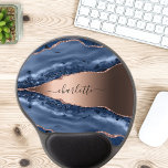 Blue agate marble rose gold name script gel mouse mat<br><div class="desc">A dark blue and rose gold agate,  marble stone print as background Personalise and add your name. The name is written with a modern hand lettered style script.</div>