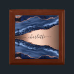Blue agate marble rose gold name script gift box<br><div class="desc">A dark blue and rose gold agate,  marble stone print as background Personalise and add your name. The name is written with a modern hand lettered style script with swashes. 
To keep the swashes only delete the sample name,  leave the spaces or emoji's in front and after the name.</div>