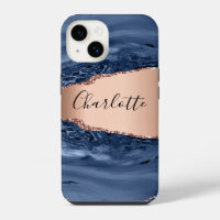 Blue agate marble rose gold name script