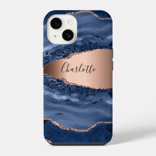 Blue agate marble rose gold name script iPhone 14 case