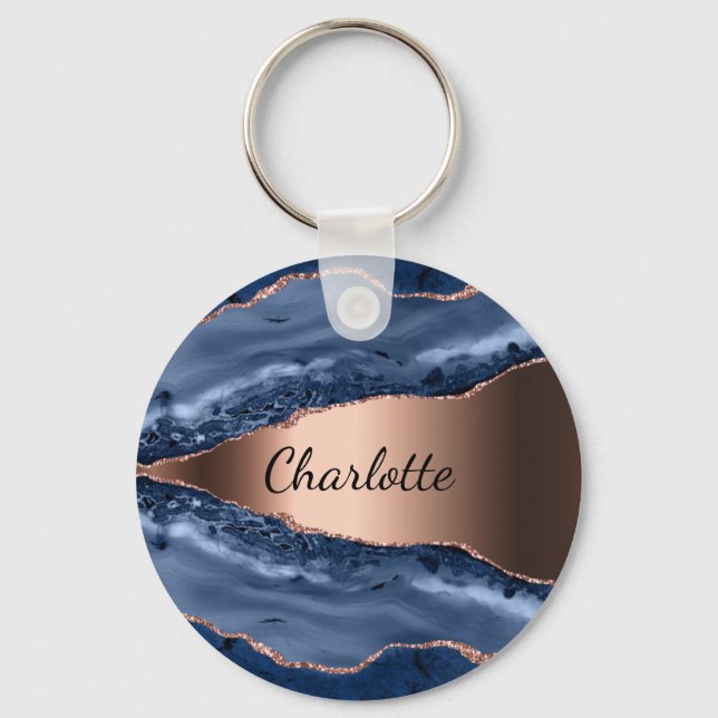Blue agate marble rose gold name script key ring (Front)