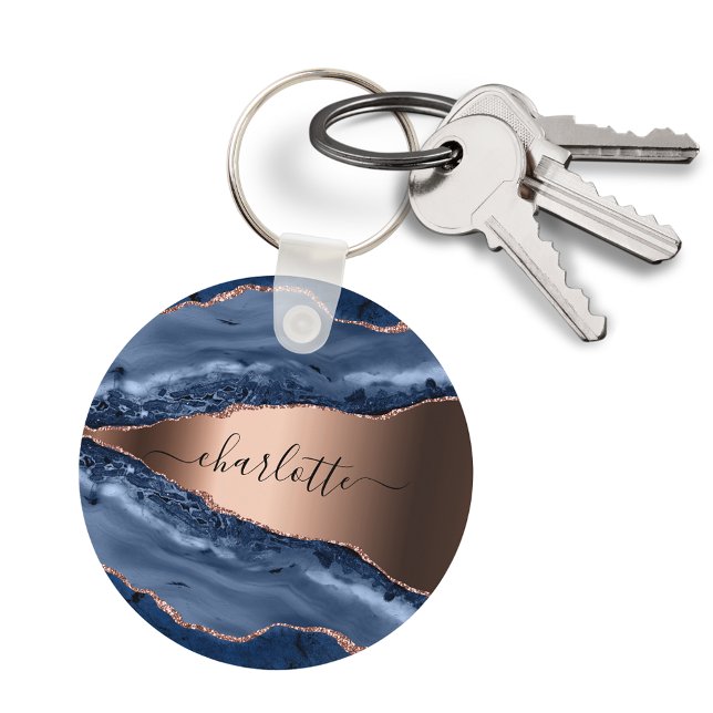 Blue agate marble rose gold name script key ring (Creator Uploaded)