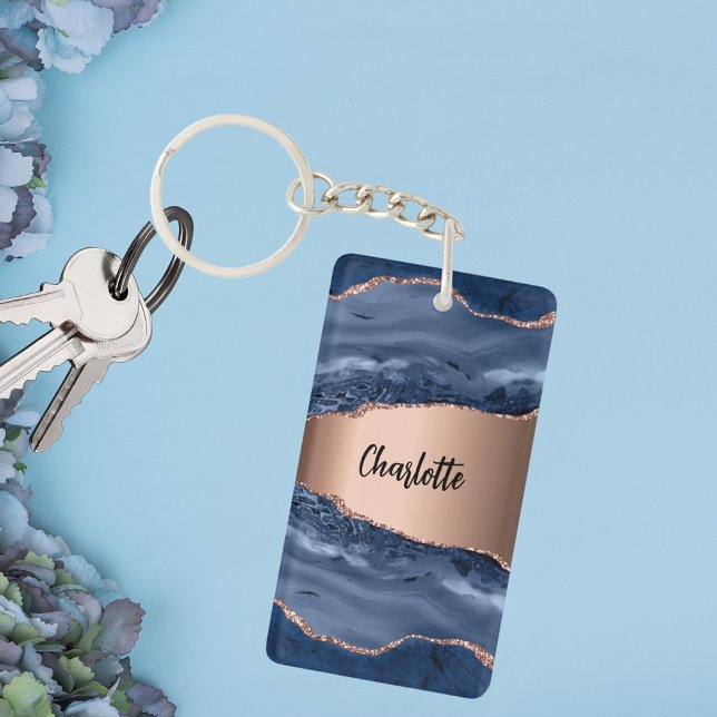 Blue agate marble rose gold name script key ring (Creator Uploaded)