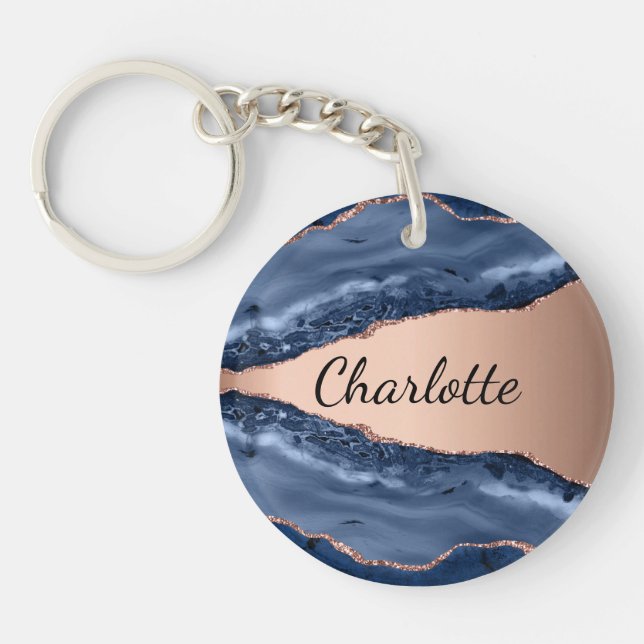 Blue agate marble rose gold name script key ring (Front)
