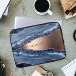 Blue agate marble rose gold name script laptop sleeve<br><div class="desc">A dark blue and rose gold agate,  marble stone print as background Personalise and add your name. The name is written with a modern hand lettered style script.</div>