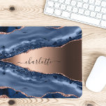 Blue agate marble rose gold name script mouse mat<br><div class="desc">A dark blue and rose gold agate,  marble stone print as background Personalize and add your name. The name is written with a modern hand lettered style script.</div>