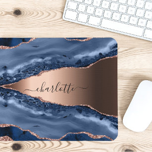 Blue agate marble rose gold name script mouse mat