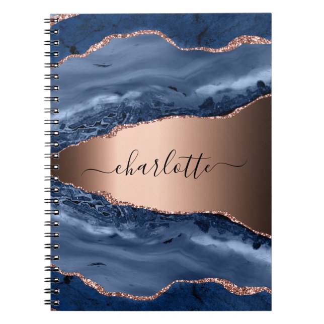 Blue agate marble rose gold name script notebook (Front)