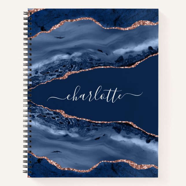Blue agate marble rose gold name script notebook (Front)