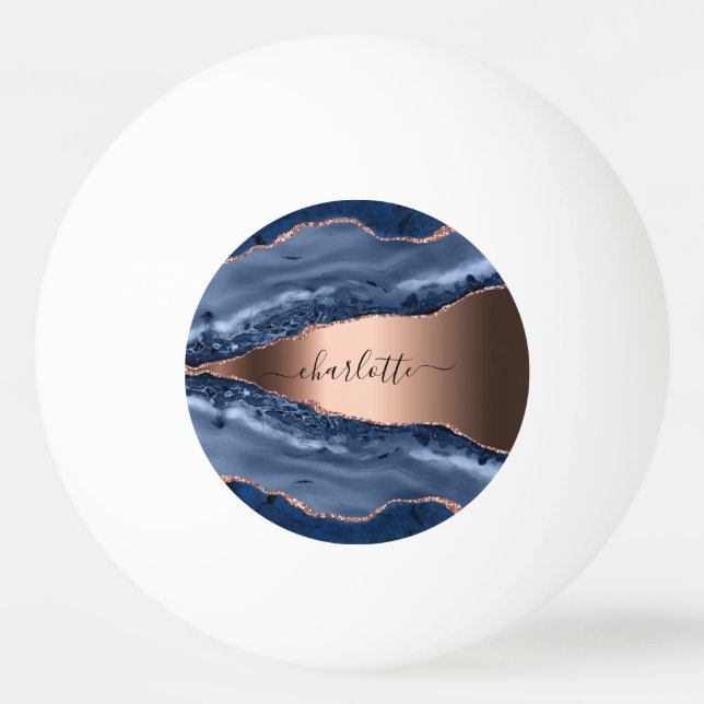 Blue agate marble rose gold name script ping pong ball (Front)