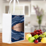 Blue agate marble rose gold name script reusable grocery bag<br><div class="desc">A dark blue and rose gold agate,  marble stone print as background Personalize and add your name. The name is written with a modern hand lettered style script.</div>