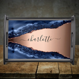Blue agate marble rose gold name script serving tray