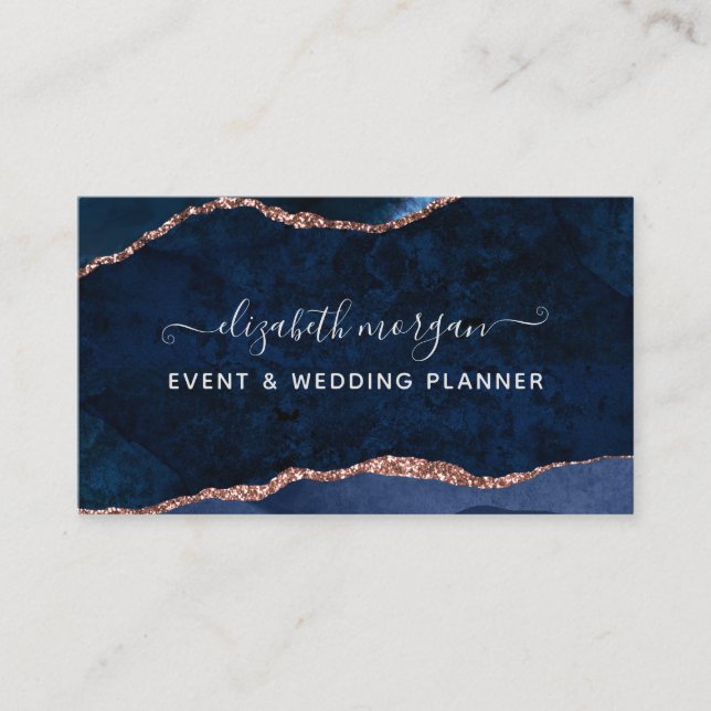 Blue Agate Marble Rose Gold Watercolor Script Business Card (Front)