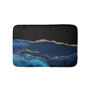 Blue Agate Marble Shiny Golden Glitter Chic Glam Bath Mat