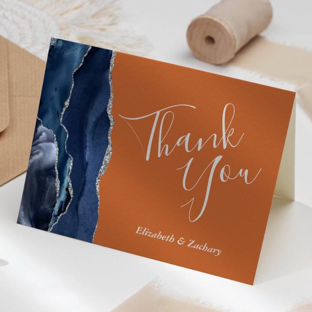 Blue Agate Silver Burnt Orange Wedding Thank You Card (Creator Uploaded)