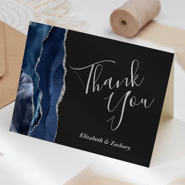 Blue Agate Silver Glitter Dark Wedding Thank You Card (Creator Uploaded)