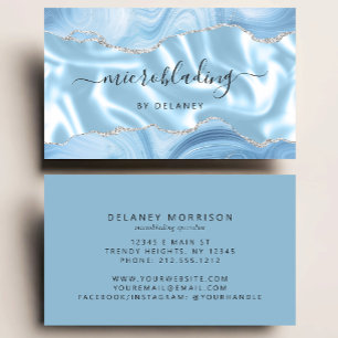 Blue Agate Silver Glitter Luxury Microblading Business Card